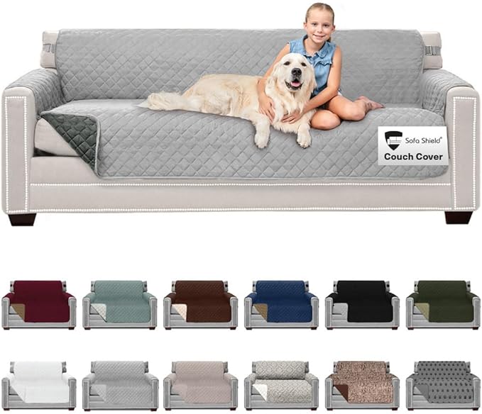 Sofa Shield Couch Slip Cover with Patented Strap, Cushion Protector, US Designed Reversible Stain and Dog Tear Resistant Slipcover, 78 inch Seat, Washable Covers for Dogs Pets Light Gray Charcoal