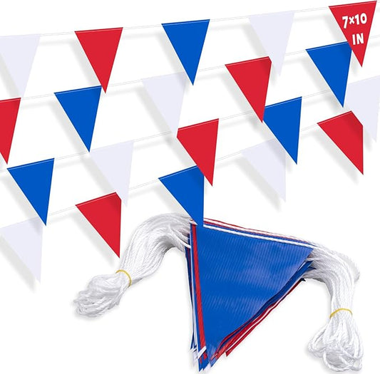 105ft Pennant Banner Flags, 7x10 Red Blue and White 45 Pcs High Visibility Safety Flagging on String, Triangle Pool Flag for Backstroke, Construction Events Party Decoration Parking Marking Outside