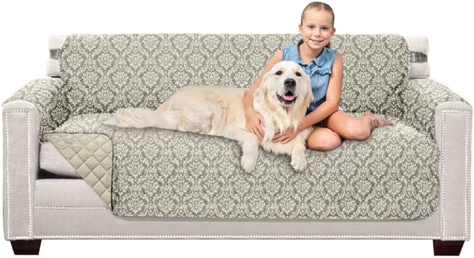 Sofa Shield Couch Slip Cover with Patented Strap, Cushion Protector, US Designed Reversible Stain and Dog Tear Resistant Slipcover, 70 inch Seat, Washable Covers for Dogs Pets, Damask Latte Ivory