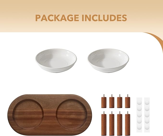 Elevated Ceramic Cat Dish, Wide Whisker Friendly Anti-Slip Food & Water Bowl with 2 Heights Adjustable Acacia Wooden Stand - Pet Bowl Set for Cats (2 Dishes +Stand, White)
