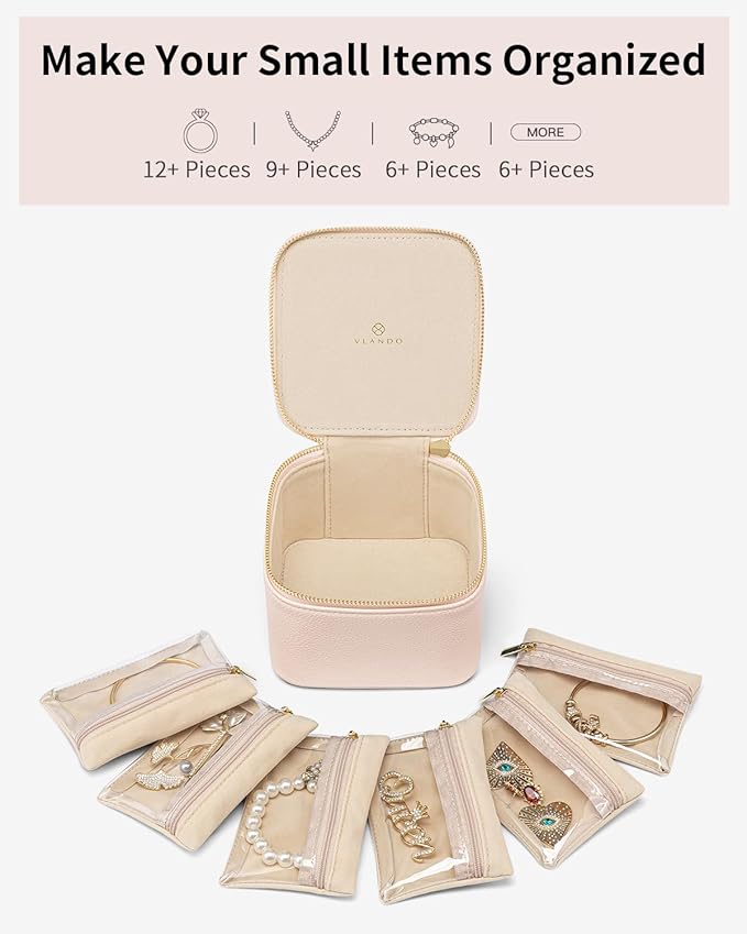 Vlando Gifts for Teachers,Jewelry Box with 6 Velvet Jewelry Bags Travel Jewelry Storage for Women Girl Jewelry Organizer Necklace Rings Earrings Bags Gifts for Women(Pink)