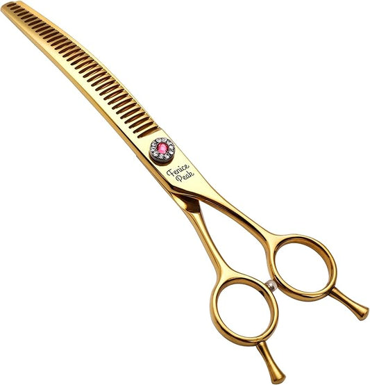 Fenice Peak Professional Dog Grooming Scissors Pet Curved Chunker Shears 7.0'' Extremely Sharp Blades 440C Steel Thinning Scissors Durable Smooth Motion & Fine Cut for Dogs and Cats(Gold)