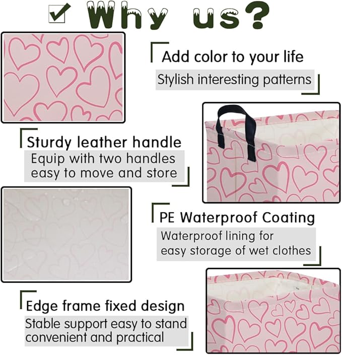 FXOCSHE Rectangular Pink Valentine's Day Gift Basket,nursery basket,Pink girls gift baskets,kids toy storage Bin, Love Heart Room Decor for Home,Shelf Baskets(Happy Love)