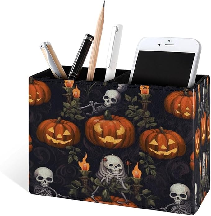 Famame Skull Pumpkins Pencil Holder for Desk, Leather Desktop Container Pen Cup Storage Study Table Pen Organizer Makeup Brush Holder for Classroom Office Home