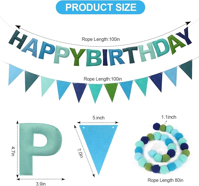Pre-Strung Happy Birthday Banner - Felt Ball Garland HAPPY BIRTHDAY Pennant, Multicolor Bunting String Triangle (Blue)