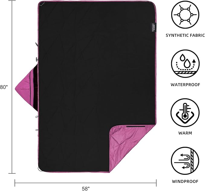 KawaGebo Kamp Outdoor Waterproof Blanket, Foldable Fleece Stadium Blanket for Outdoor Sports Event, Camping, Car, Pet, Picnics - Windproof, Wearable, Machine Washable 80" x 58" (Rose Purple,Hooded)