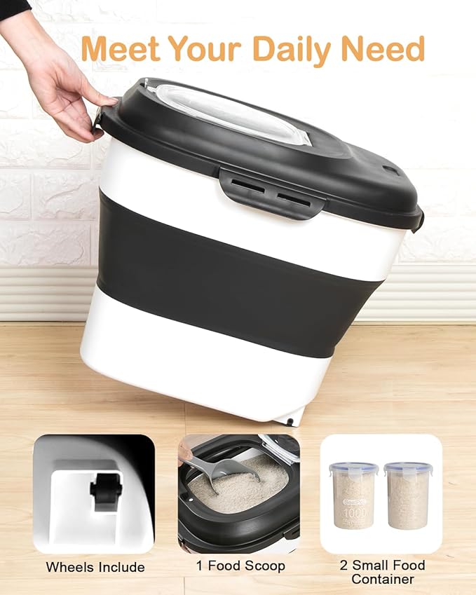DDMOMMY 20-50 Lbs Food Storage Containers,Collapsible Rice Container with Wheel Airtight Locking Lid,Flour Storage Container with Small Food Container and Scoop,Suitable for Food,Rice,Pet Food,Flour