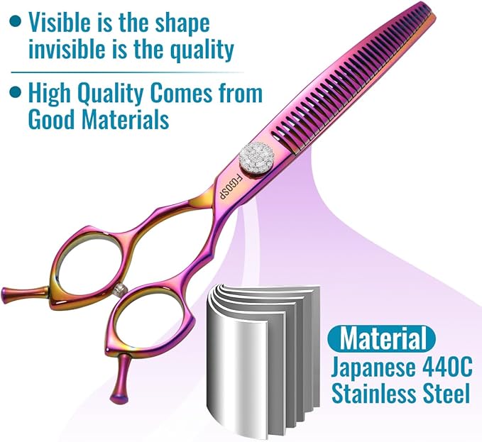 Professional Curved Chunkers Shears Dog Grooming 7.5'' Rainbow Curved Thinning Scissors for Large Dogs, 35 Teeth, Japan 440C Stainless Steel, Purple