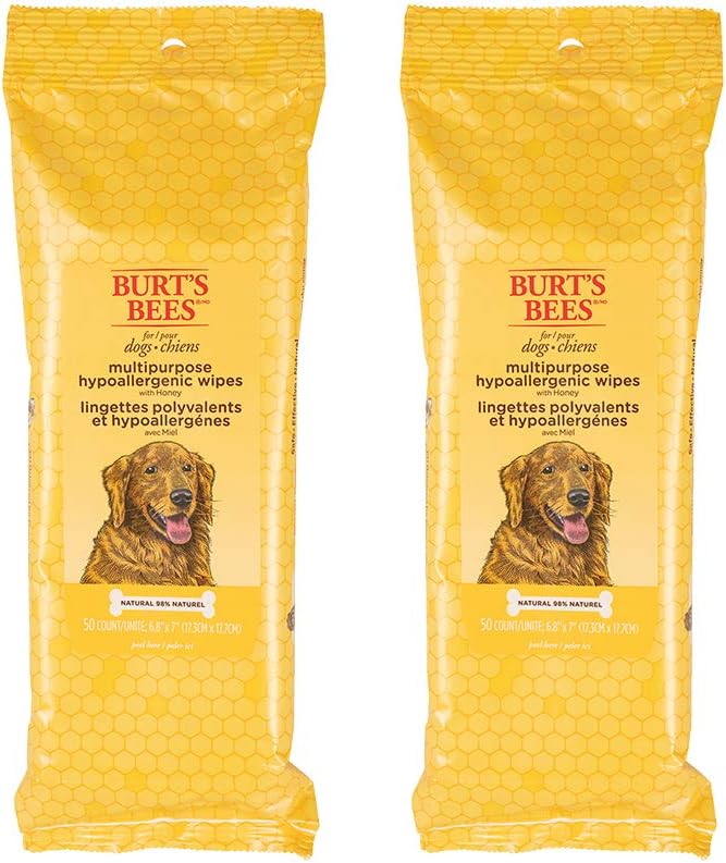 Burt's Bees for Pets Multipurpose Dog Wipes with with Honey, 98% Natural Origin Formulas, Hypoallergenic Dogs Wipe, Canine Cleaning Sheets for Paws and Butt, 2pk, 50ct