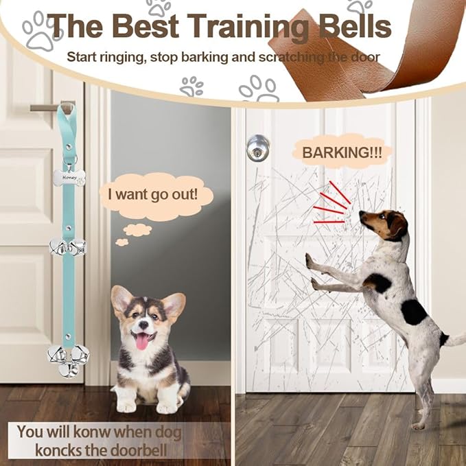 Leather Dog Bells, Puppy Potty Training Bell Dog Doorbell Potty Train Dog Bell for Potty Training Door Bells for Dogs to Ring to Go Outside Jingle Bells (Leather Light Blue 1 PCS)