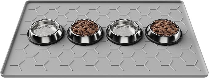 Pieviev Dog Cat Food Bowl Mat, Silicone Waterproof Food Grade Pet Food Mat for Floor, High Raised Edge to Prevent Spills, Non-Slip & Easy Clean Pet Placemat for Dog & Cat Bowls, 34''x22'', Light Gray