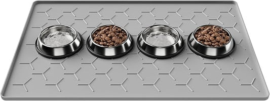 Pieviev Dog Cat Food Bowl Mat, Silicone Waterproof Food Grade Pet Food Mat for Floor, High Raised Edge to Prevent Spills, Non-Slip & Easy Clean Pet Placemat for Dog & Cat Bowls, 34''x22'', Light Gray