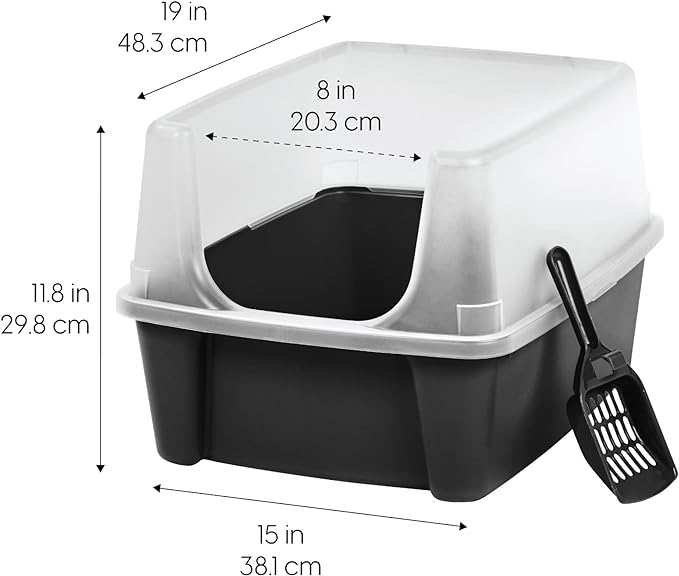 IRIS USA Large Open Top Cat Litter Box with High Sides, Scatter Shield & Scoop, Black - Easy Clean Plastic Litter Pan for Indoor Cats, Kittens or Multicat Homes