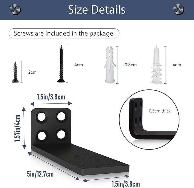 MLOQI 6 Pack Floating Shelves Brackets, L Brackets for Shelves, Brackets for Wood Shelve, 5mm Thick Hidden Shelf Brackets Up to 50KG Capacity (5Inch)