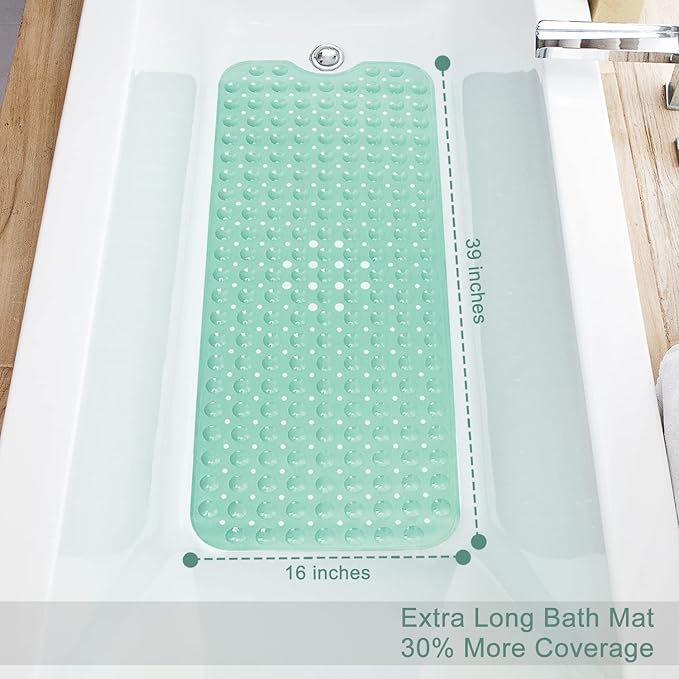 Bath Tub and Shower Mats, Non-Slip 39 x 16 Inch Extra Long Bathtub Mat, Machine Washable BathMat with Drain Holes, Suction Cups for Bathroom (Opaque Pale Green)