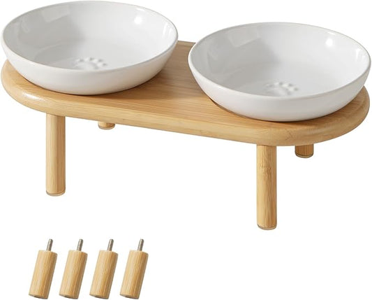 Elevated Ceramic Cat Dish with Paw Print, Wide Whisker Friendly Anti-Slip Food & Water Bowl with 2 Heights Adjustable Stand - Pet Bowl Set for Cats (2 Dishes +Stand, White)