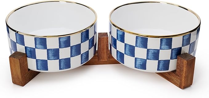 Ceramic Dog Bowls for Medium Dogs, 3.5 Cup Checkered Dog Food and Water Bowl with Acacia Wood Stand, Non-Slip Anti-Tip Elevated Feeding Station, Blue and White