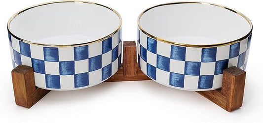 Ceramic Dog Bowls for Medium Dogs, 3.5 Cup Checkered Dog Food and Water Bowl with Acacia Wood Stand, Non-Slip Anti-Tip Elevated Feeding Station, Blue and White