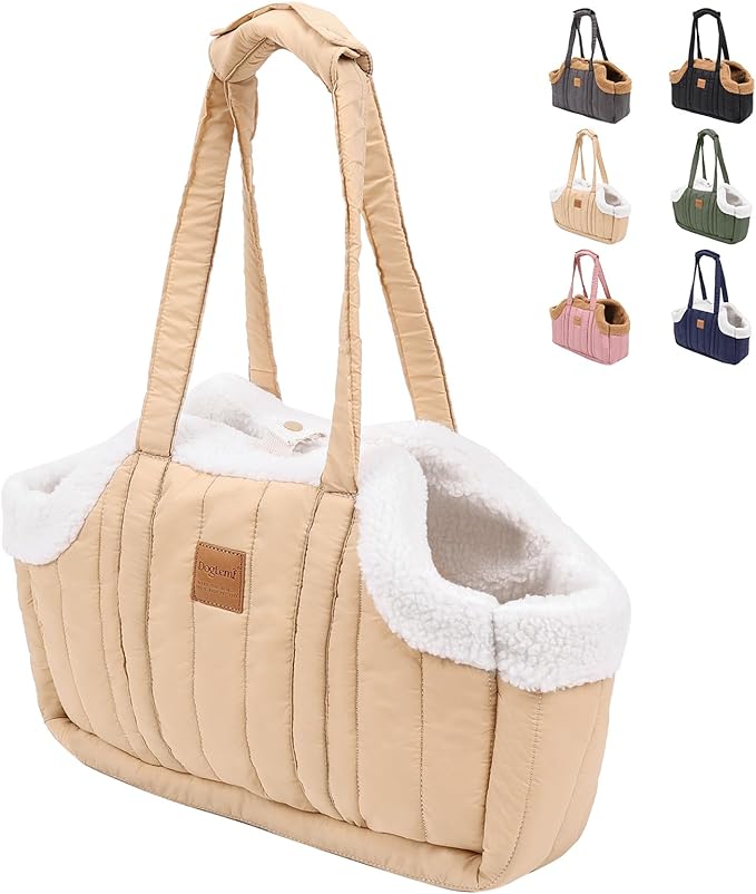 ETIAL Small Dog Carrier Purse, Winter Fleece Warm Dog Tote Bag Carrier with Secure Harness Clip for Puppy Kitten, Waterproof Pet Travel Handbag for Shopping, Hiking and Walking (Beige)