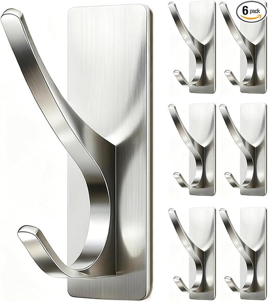 pickpiff Self Adhesive Coat Hooks for Hanging: Heavy Duty Stainless Wall Hook for Towel, Utensil, Backpack, Hat, Sturdy Metal Hanger for Bathroom, Kitchen, Door, Brushed Nickel, 6-Pack