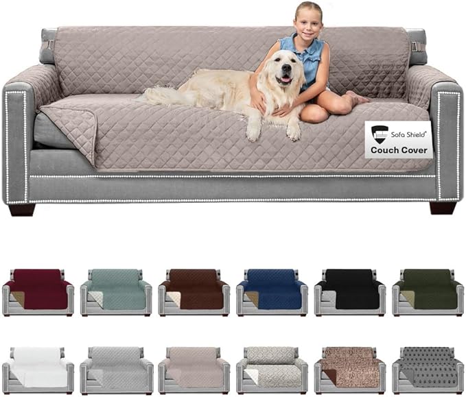 Sofa Shield Couch Slip Cover with Patented Strap, Cushion Protector, US Designed Reversible Stain and Dog Tear Resistant Slipcover, 78 inch Seat, Washable Covers for Dogs Pets, Light Taupe