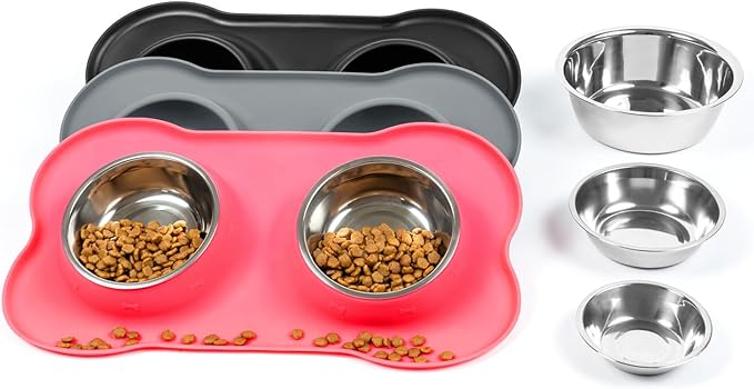 Dog Bowls with Non-Slip Silicone Mat, Spill Proof Large Food & Water Bowls Set, Easy Clean Dog Food Dish, Dishwasher Safe, Suitable for Dogs Cats Pet Under 90lbs, Large, Pink