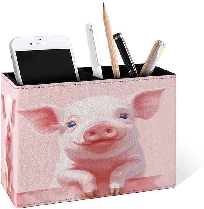 Famame Pink Watercolor Pig Pencil Holder for Desk, Leather Desktop Container Pen Cup Storage Study Table Pen Organizer Makeup Brush Holder for Classroom Office Home