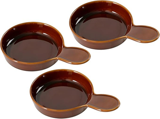 Ceramic Wide Whisker Friendly Cat Dishes, Set of 3 Ceramic Cat Bowls with Handle, Anti-Slip Indoor Kitten Feeding Food& Water Dish to Prevent Whisker Fatigue(3 Pcs, Caramel Brown)