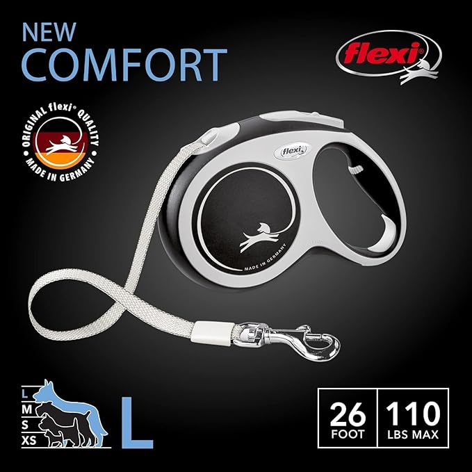 FLEXI® New Comfort Tape Retractable Dog Leash for Large Dogs Upto 110 lbs. – 26 ft., Nylon, Grey/Black| Tangle Free Pet Walking Leash with One-Handed Brake, Pause, Lock |German Quality Product