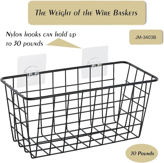 2 Pack Hanging Storage Basket, Bathroom Basket, Household Goods, with Traceless Tape, no Drilling, for Cabinet Storage, Kitchen, Bathroom, Storage Room,Black