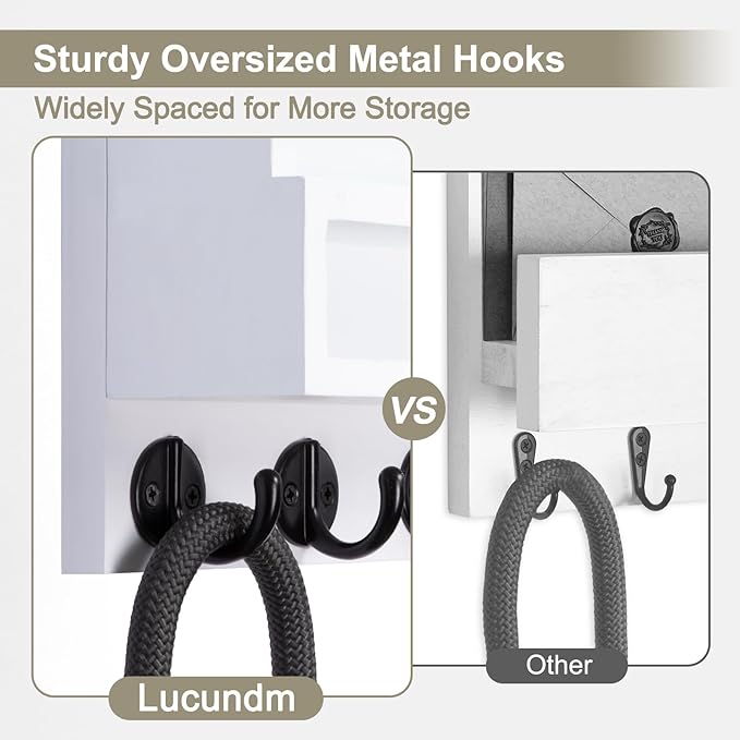 Lucundm Key and Mail Holder Wall Mount, Key Hanger with Long Storage Box and 5 Hooks for Coat, Dog Leash, Home Decor Rack, House Accessories, Entry Way Organizer 11.8”W x 7.8”H x 3.2”D
