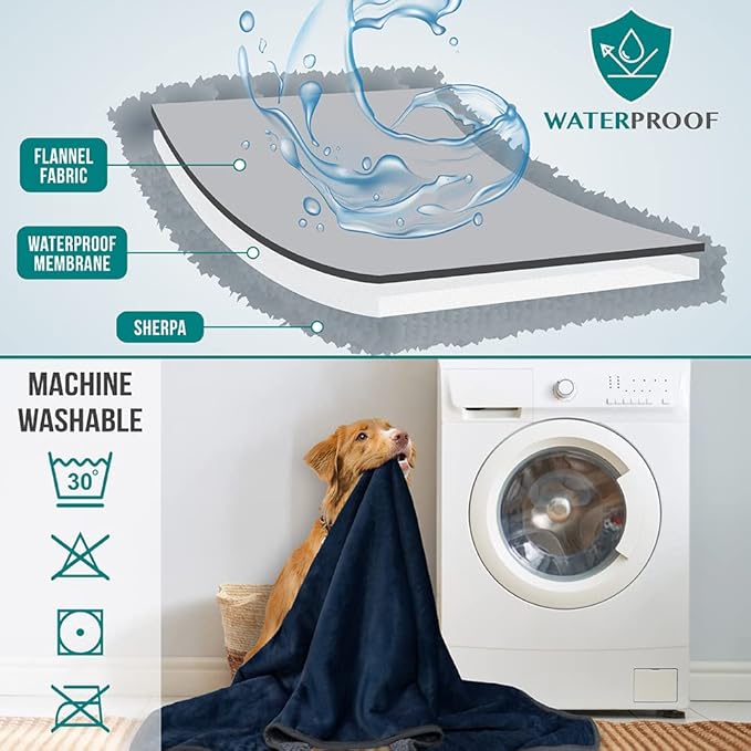 PetAmi Waterproof Dog & Cat Blanket, Pee Proof for Couch & Bed, Reversible, Soft Fleece, Washable, 24x32 Navy/Gray
