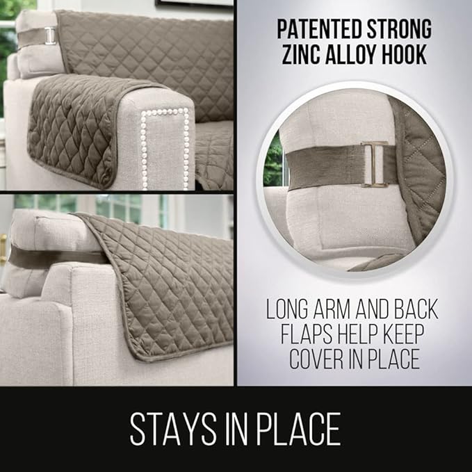 Sofa Shield Couch Slip Cover with Patented Strap, Cushion Protector, US Designed Reversible Stain and Dog Tear Resistant Slipcover, 62 inch Seat, Washable Covers for Dogs Pets, Latte Linen