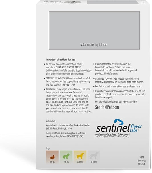 Sentinel Flavor Tabs for Dogs, 51-100 lbs, 6 Chewable Tablets, 6-month supply, White Box