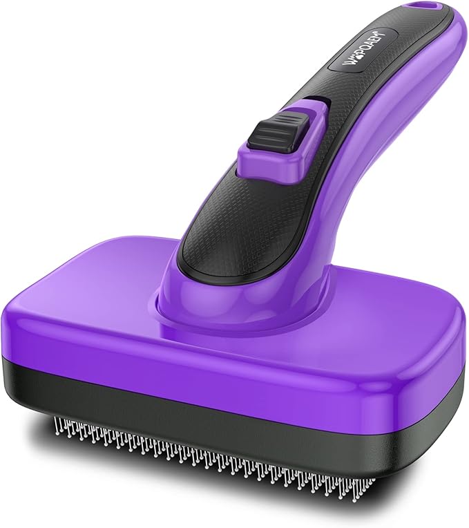 Self Cleaning Slicker Brush for Dog and Cat - Skin Friendly Shedding & Grooming Tool for Long and Short Haired Pets,Easy Clean Retractable Bristles, Purple