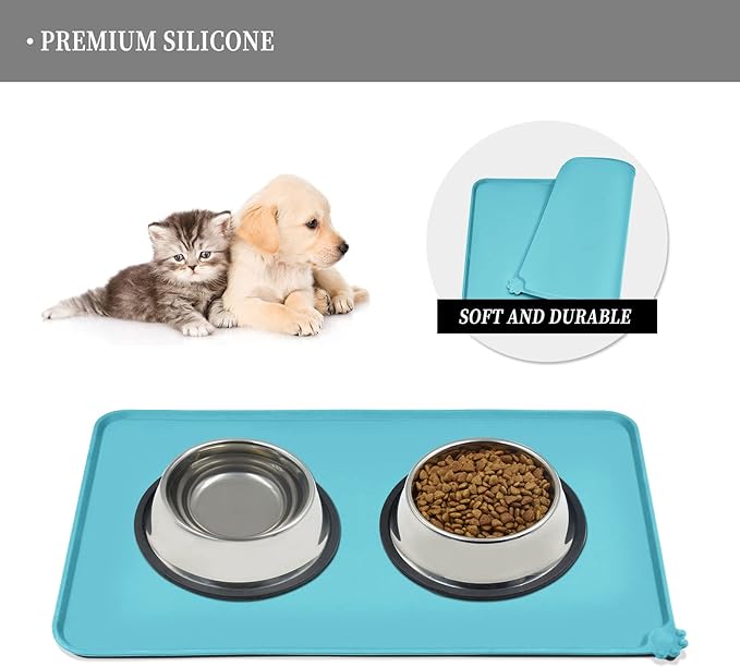 Waterproof Pet Feeding Mat with High Raised Edges, Heavier and Thicker Placemats for Cat Dog Water Bowl with BPA Free, Dogs Cats Food Mats for Messy Drinkers to Prevent Spill and Protect Floors