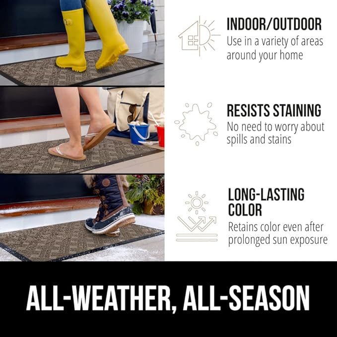 GORILLA GRIP 100% Waterproof All-Season WeatherMax Doormat, 47x35, US Designed Natural Rubber, Stain and Fade Resistant, Low Profile Indoor Outdoor Door Mats, Easy Clean Patio Mat, Taupe Basket Weave