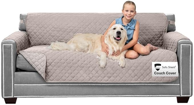 Sofa Shield Couch Slip Cover with Patented Strap, Cushion Protector, US Designed Reversible Stain and Dog Tear Resistant Slipcover, 70 inch Seat, Washable Covers for Dogs Pets, Light Taupe