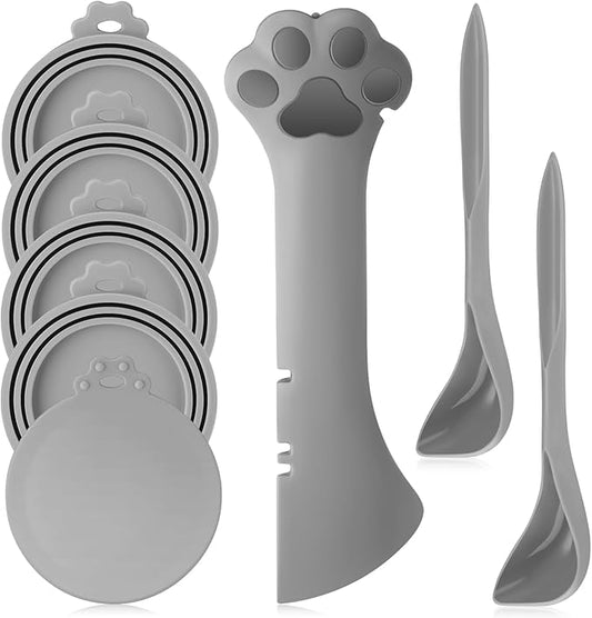 Uiifan Cat Food Lid Cat Food Can Covers Lids 8 Pcs Pet Can Supplies Set 5 Silicone Wet Kitten Foodstuff Tin Covers Lids 2 Silicone Dog Spoons 1 Paw Shape Multifunctional Opener for Pets(Gray)