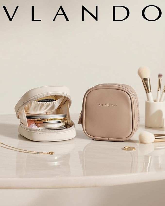 Vlando Mini Makeup Bag, Small Makeup Bag for Purse with Slip-in Pockets, Portable Travel Toiletry Bag with Zipper, Waterproof Make up Organizer Case for Women - Toffee