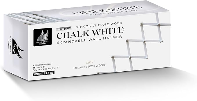 Mercurial Trade Expandable Wooden Coat Rack Hanger – Accordion Wall Mounted Pine Wood Hooks – Hand Made Vintage Expending Pegs – Hang Coat, Jacket, Hat, Leash, Towel, Mug, Bag, 17 Hook Chalk White