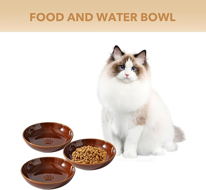 Ceramic Wide Whisker Friendly Cat Dishes, Set of 3 Ceramic Cat Bowls with Paw Print, Anti-Slip Indoor Kitten Feeding Food& Water Dish to Prevent Whisker Fatigue(3 Pcs, Caramel Brown)