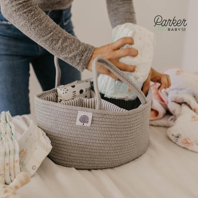 Parker Baby Rope Diaper Caddy Organizer - Nursery Storage Bin and Car Organizer for Diapers and Baby Wipes - Diaper Organizer for Baby Essentials, Baby Shower Gifts - White