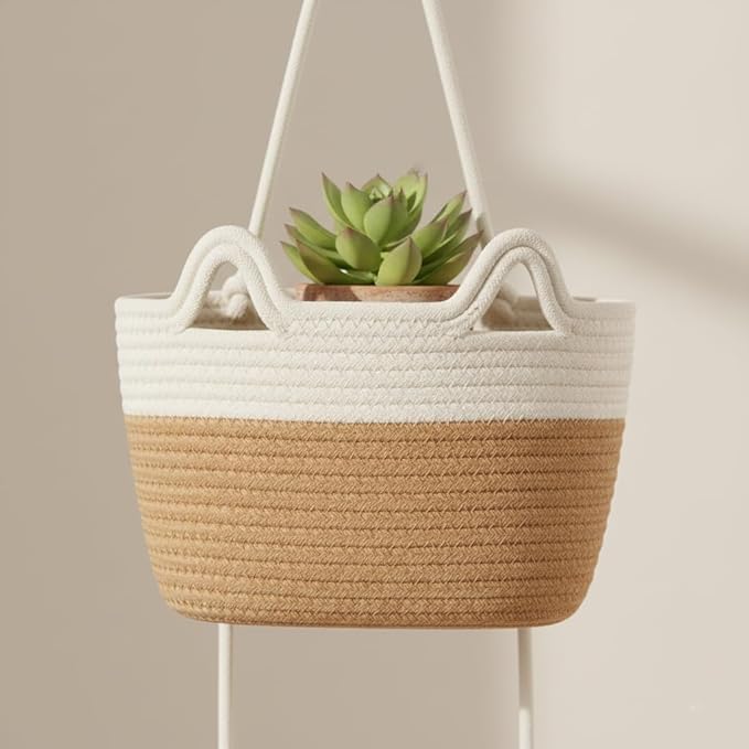 Wall Hanging Baskets, 3-Tier Cotton Over Door Organizer, Decorative Hanging Wall Basket for Wall, Door, Nursery, Living Room, Bathroom, Cat-Like Design Boho Decor, White & Jute