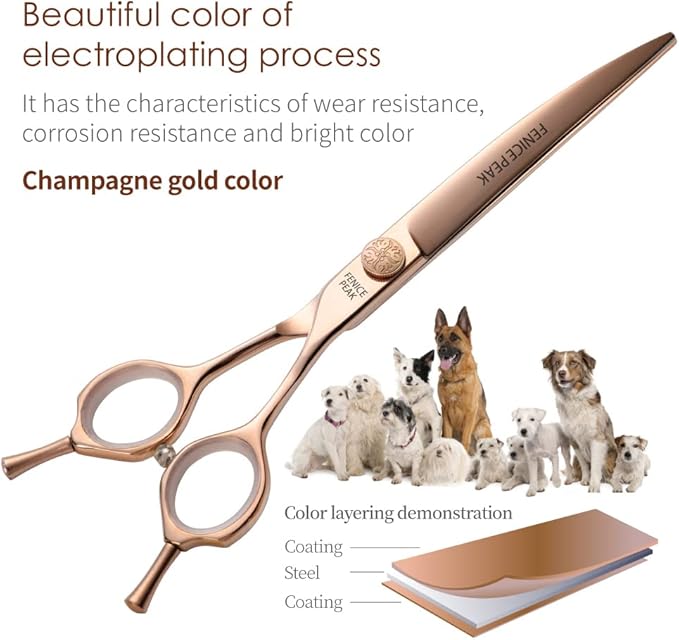 Fenice Peak Curved Dog Grooming Scissors Champagne Gold 440C Stainless Steel Professional Pet Cutting Shears Safety Trimming Shearing for Dogs and Cats