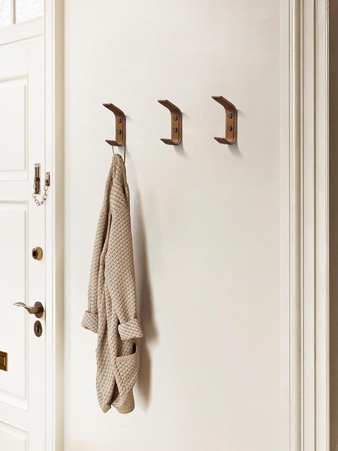 4 Pack Brown Leather Coat 2 Hooks Wall for Hanging Rectangle Coat Hooks for Hanging Robe Towels Bags Hats Scarf Keys Clothes Suitable for Bedroom, Entryway and Closet