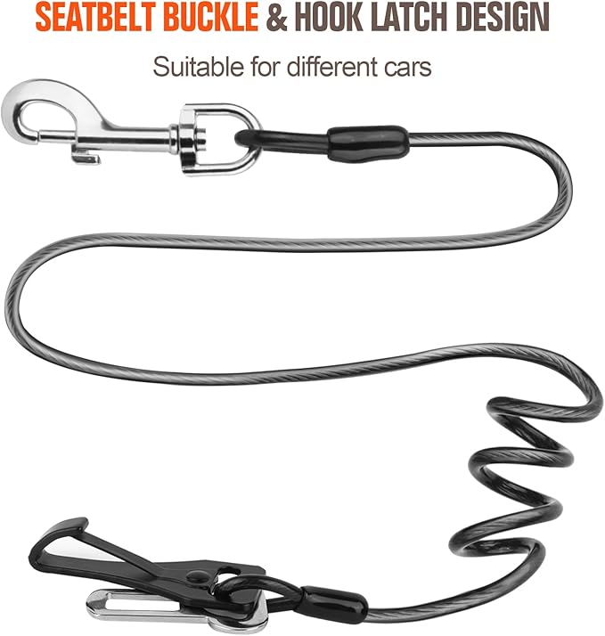 Dog Seat Belt for Car, Chew Proof Dog Leash 2 in 1 Steel Cable with Elastic Bungee Buffer Doggie Seatbelt Harness Latch Bar Attachment Heavy Duty Seat Belt for Dogs in Car for Medium Large