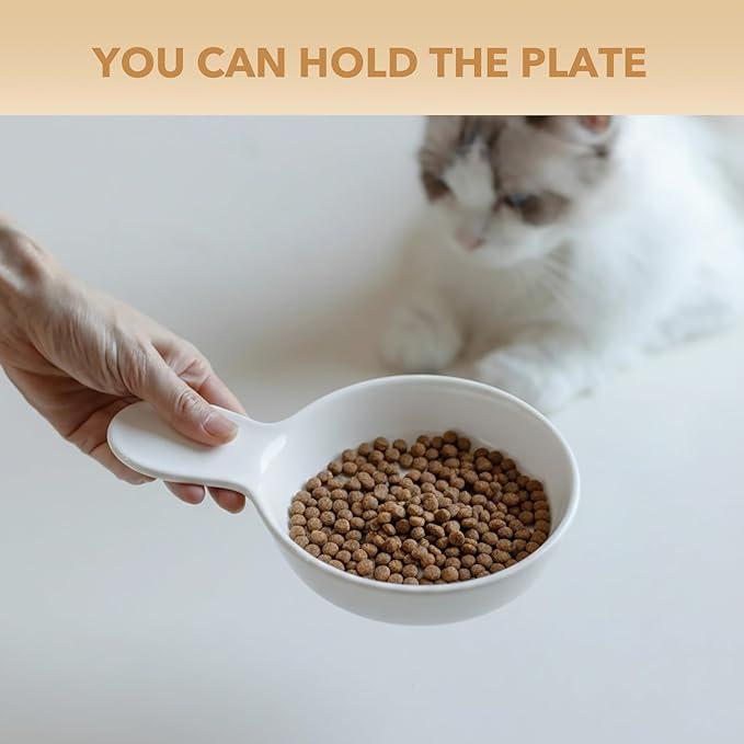 Ceramic Wide Whisker Friendly Cat Dishes, Set of 3 Ceramic Cat Bowls with Handle, Anti-Slip Indoor Kitten Feeding Food& Water Dish to Prevent Whisker Fatigue(3 Pcs, White)