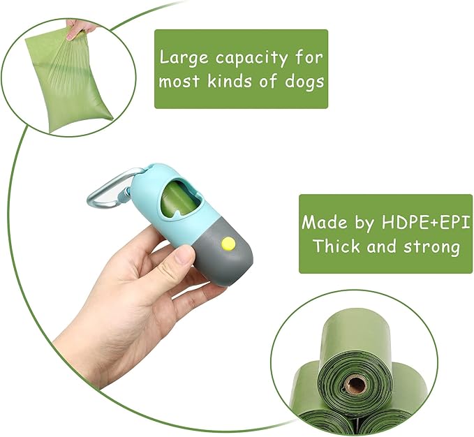 Morn Light 2 Pack Poop Bag Holder with Flashlight Waste Bag Dispenser for Leash with Clip and Battery Poop Bag Dispenser with Green Scented Poop Bags for Dog Walking(Blue,2 Dispenser 60 Bags)