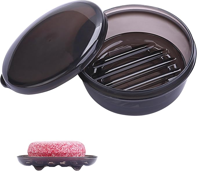 Travel Soap Case,Travel Soap Container with Drain Tray,Shampoo Bar Case with Lid for Shower, Traveling, Camping(Clear Black)